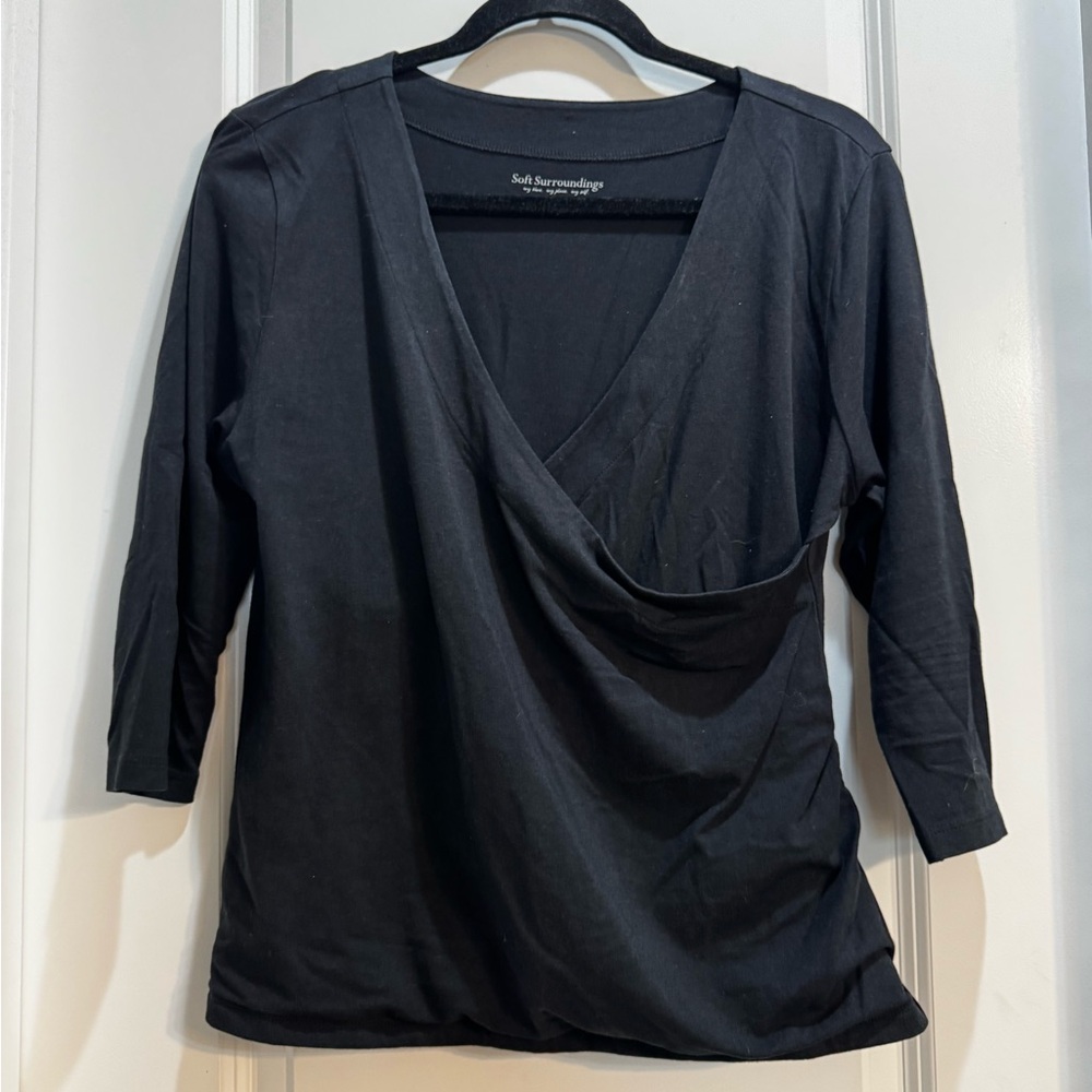 Soft Surrounding Black Faux Wrap Top Large Pet 3/4 Sleeves Armpit To Armpit 21”